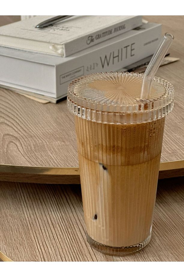 Cam Kapaklı Pipetli Cam Sunum Bardağı, Isıya Dayanıklı Bardak, Kahve Bardağı (400 ML) Latte - 3
