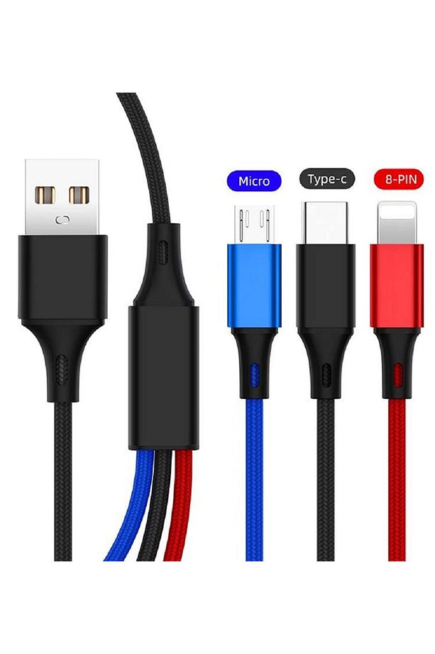 3 In 1 Çoklu 2 Amper Type-c Micro Lightning 120 Cm Örgülü Hızlı Şarj Ve Data Kablosu - 4