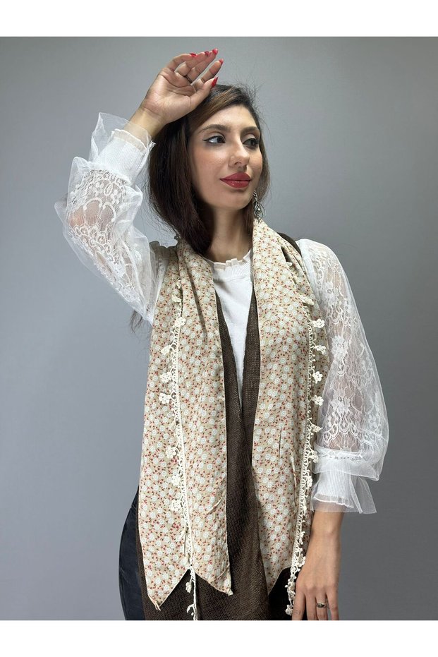 200X25 cm Floral Knitwear Women's Scarf Shawl Cream