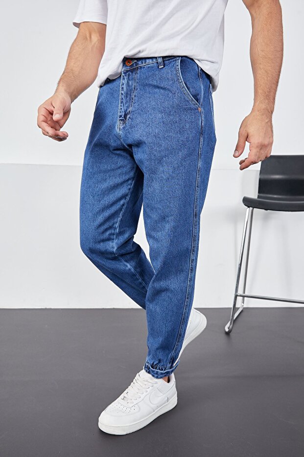 Men's Dark Blue Baggy Fit Comfortable Fit Pants with Elastic Legs and Velcro