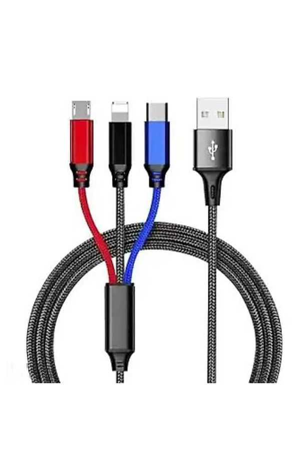 3 In 1 Çoklu 2 Amper Type-c Micro Lightning 120 Cm Örgülü Hızlı Şarj Ve Data Kablosu - 1