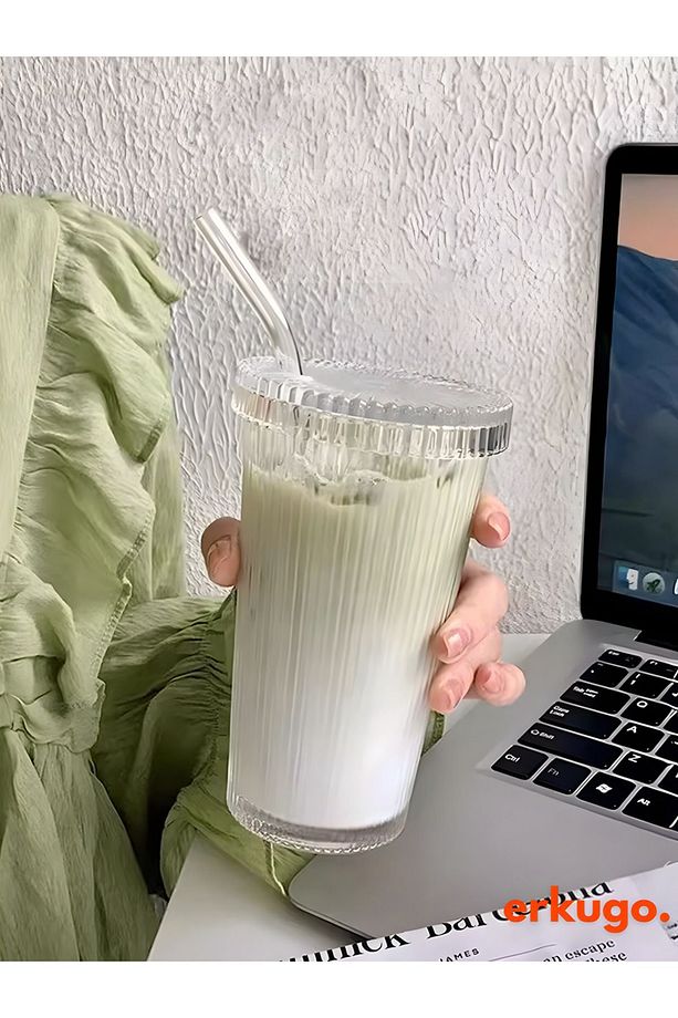 Cam Kapaklı Pipetli Cam Sunum Bardağı, Isıya Dayanıklı Bardak, Kahve Bardağı (400 ML) Latte - 5