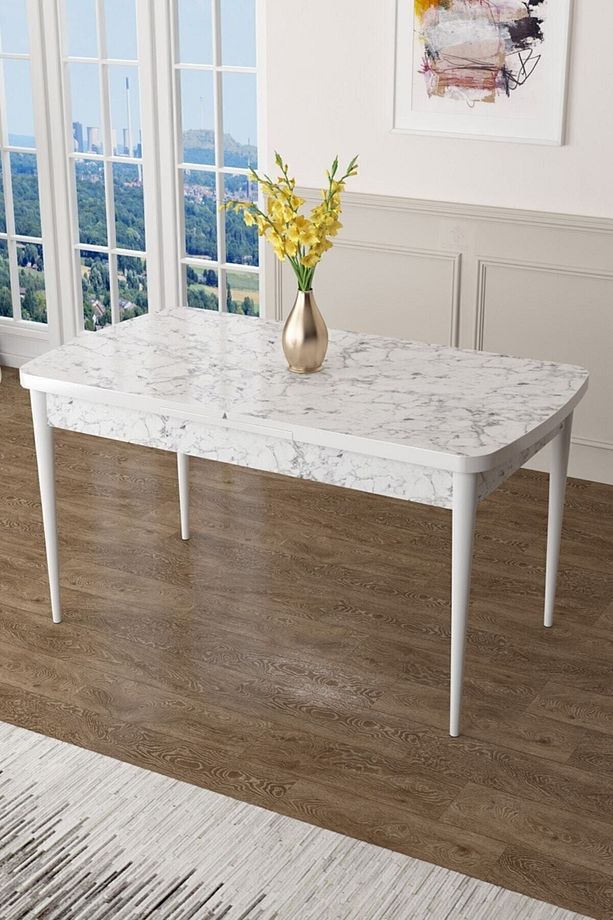 Zen Serisi 80x132 Mdf Açılabilir Beyaz Mermer Desen Masa Takımı Ve 6 Siyah Sandalye - 3