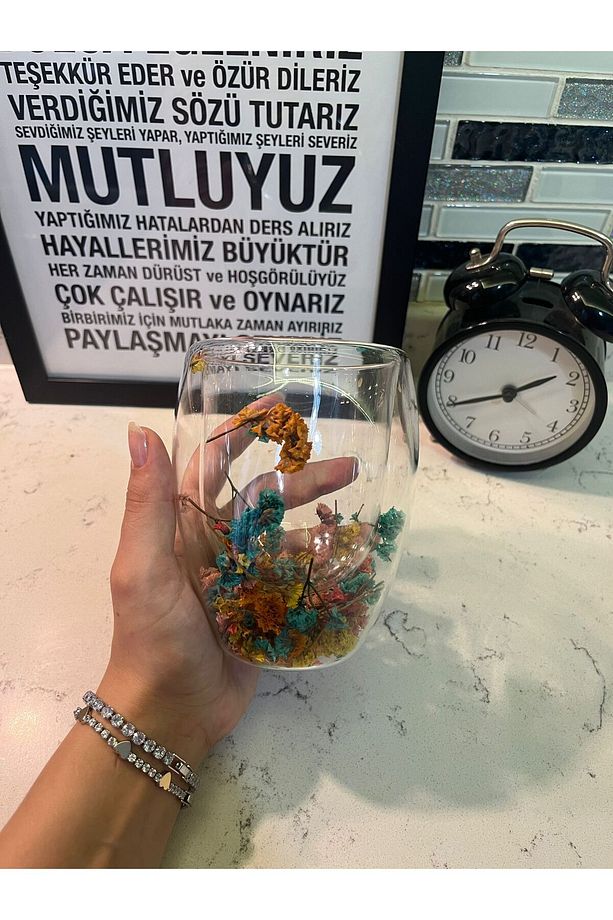 300 ML - Çiçekli Çift Cidarlı Şeffaf Espresso Cam Bardak - 1
