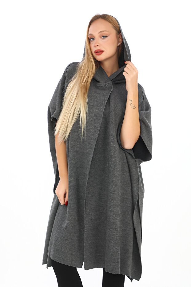 triko kapşonlu panço - 6