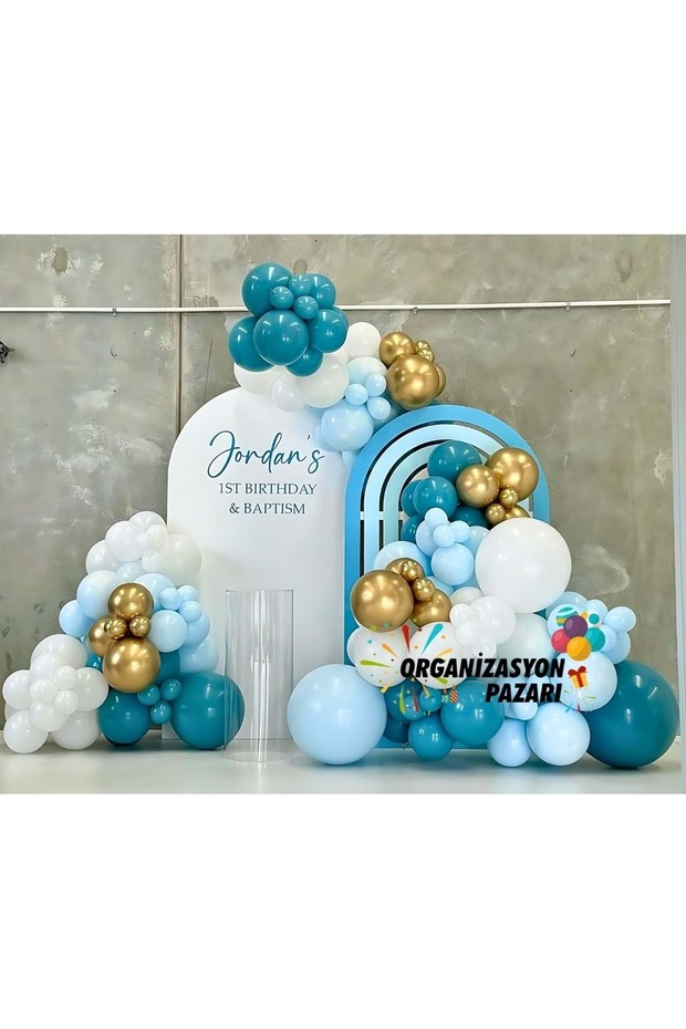 Balloon Set Deep Ocean - Macaron Blue-White-Chrome Gold 100-Piece Balloon Chain Set
