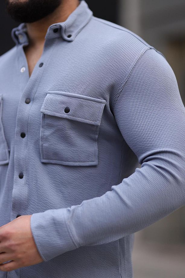 Erkek Gri Slim Fit Çift Cep Detaylı Örme Gömlek - 3