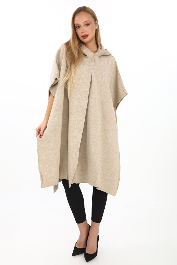 triko kapşonlu panço - 5