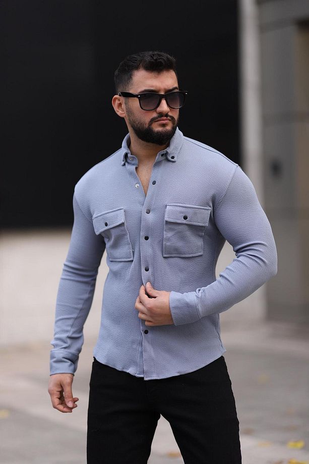 Erkek Gri Slim Fit Çift Cep Detaylı Örme Gömlek - 1