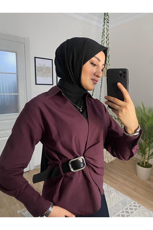 Deri Kemer Detalı Gömlek - 2