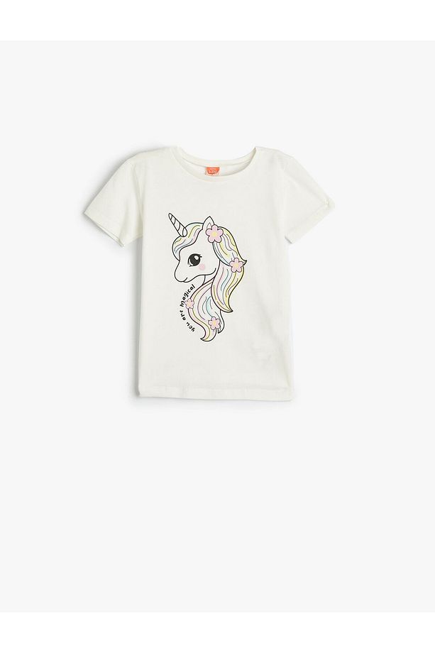 Tişört Kısa Kollu Bisiklet Yaka Unicorn Baskılı Pamuklu - 1