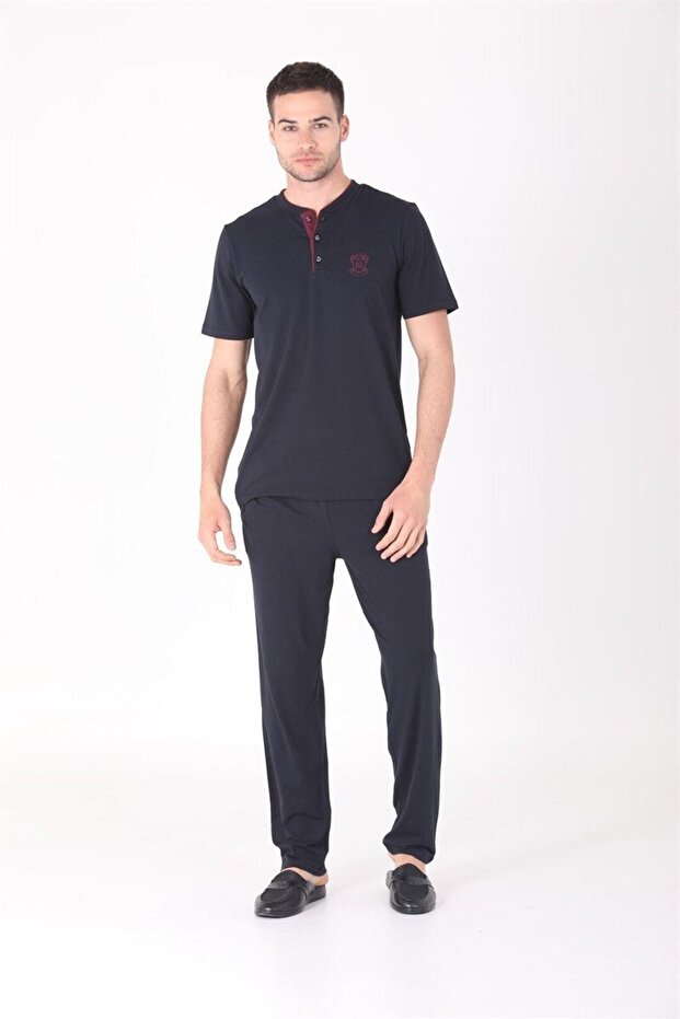 Men's Fashion Cotton 4-Piece Pajama Set Navy Blue