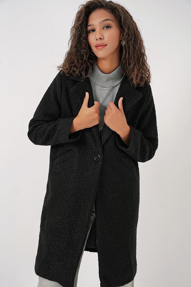 9082 Oversize Kaşe Kaban - Siyah - 4