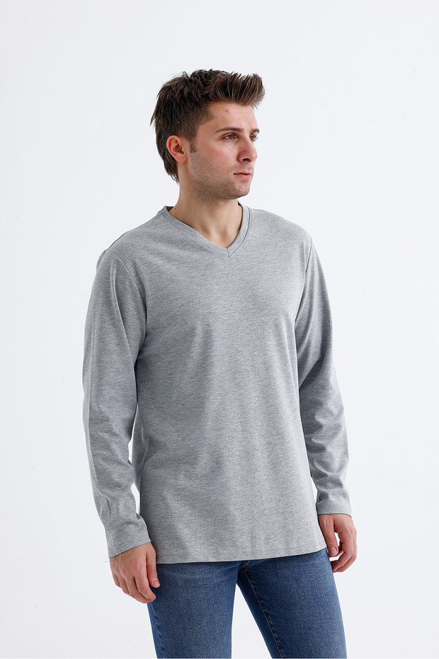 V Yaka Basic Uzun Kol T-Shirt - 4