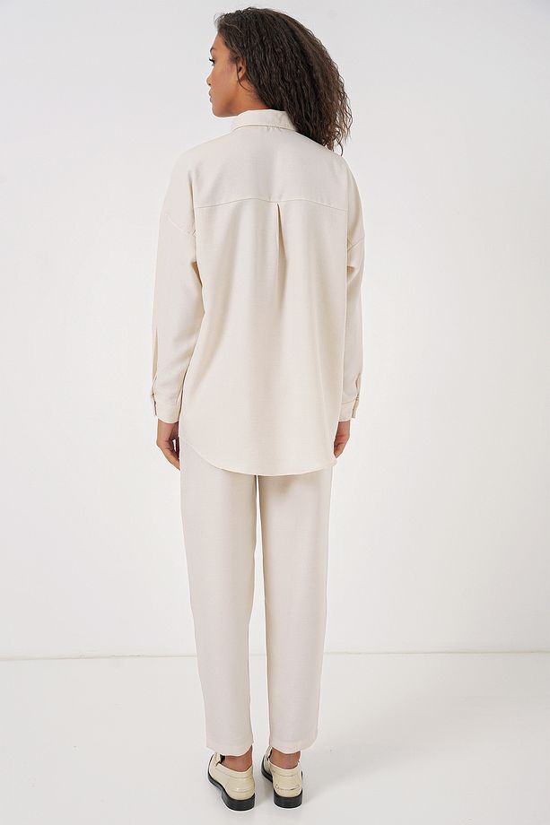 Kadın Ekru Oversize Keten Alt Üst Takım 6622 - 6