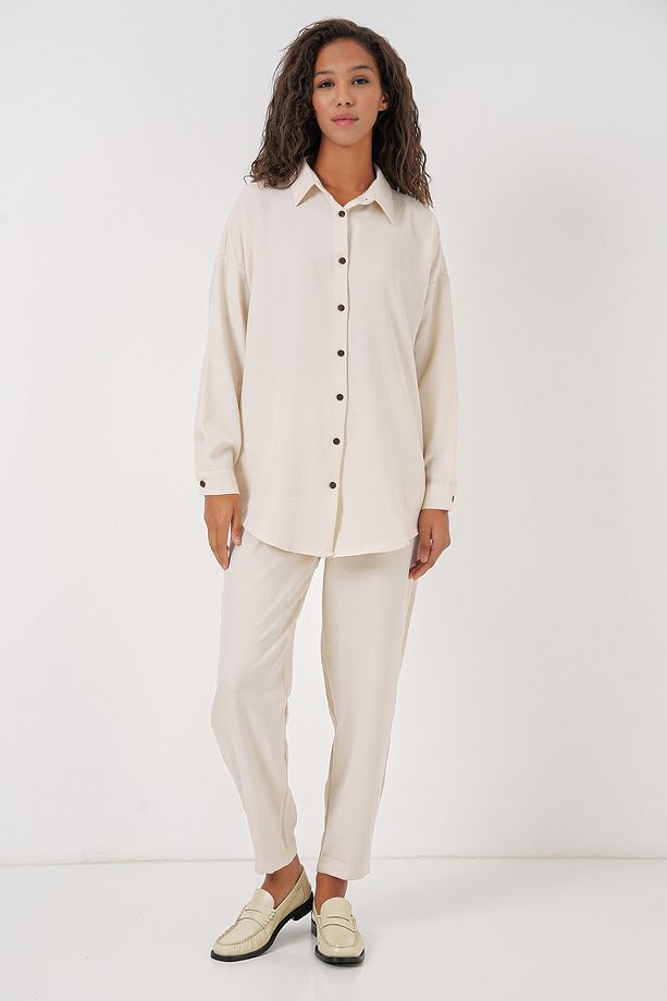Kadın Ekru Oversize Keten Alt Üst Takım 6622 - 3