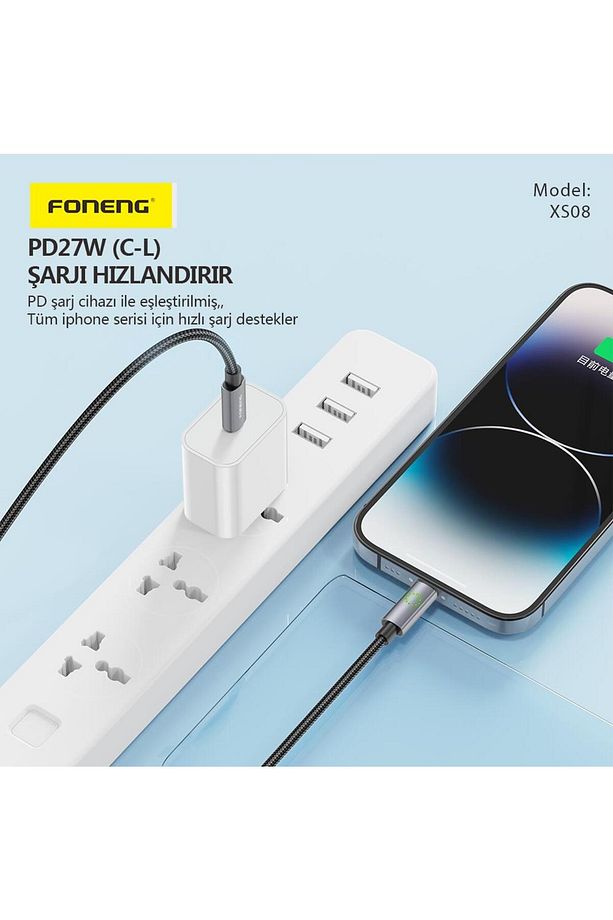 çağur XS08 27W Led Işıklı PD Type-c to Lightning Şarj Data Kablosu İp Örgülü 1,2 YENİ 110 - 3