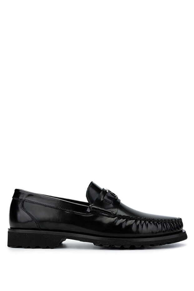 Men's Genuine Leather Black Opening Loafer Shoes