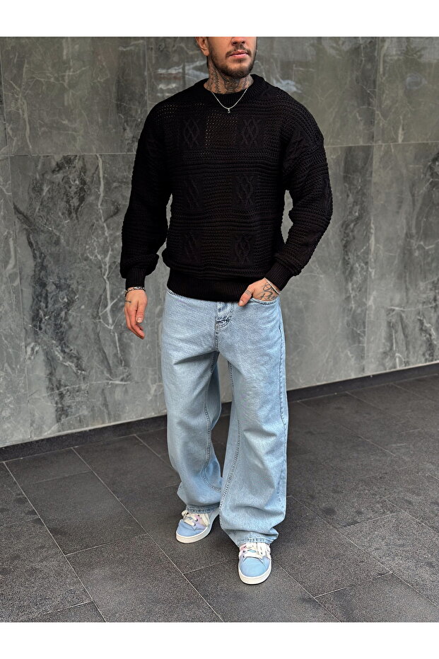 Örme Desenli Oversize Triko - 1