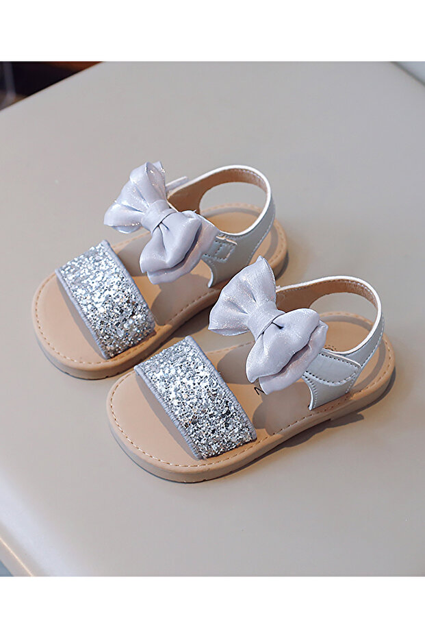 Bow Accent & Glitter Embellished Hook & Loop Closure Sandals - Silver - 2