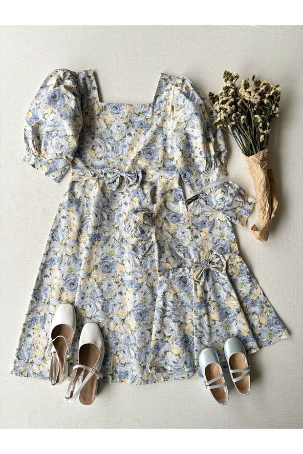 Blue Pastel Floral Patterned Flared Mother-Daughter Dress Combination