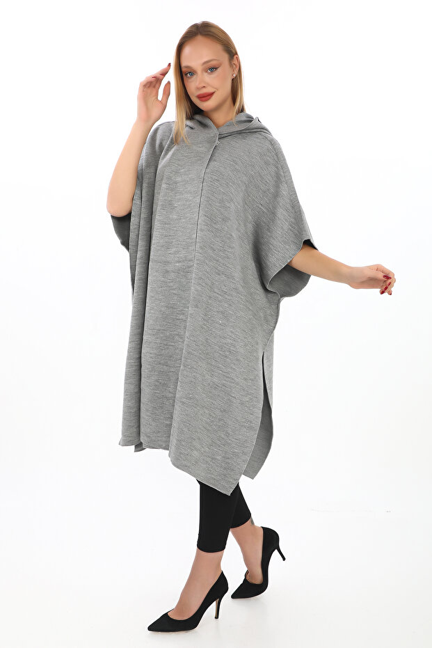 triko kapşonlu panço - 1