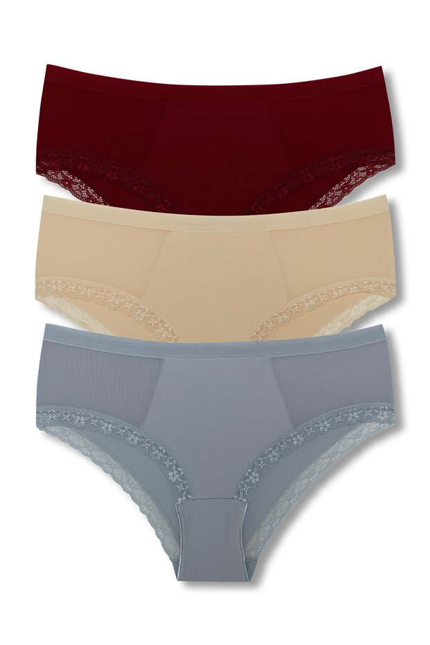 3-Piece Interlock Tulle Detailed Women's High Waist Panties with Elastic Waist