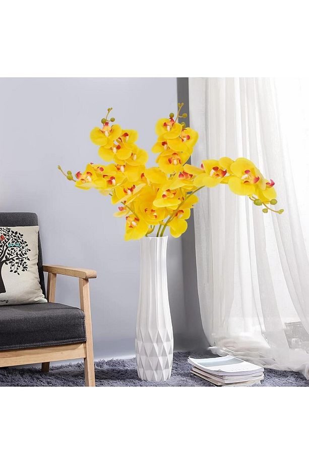 4lü Set Yapay Çiçek Sarı Islak Orkide ve 2 Adet Orkide Yaprağı Gerçeksi Doku Uzun Dal 90cm - 4