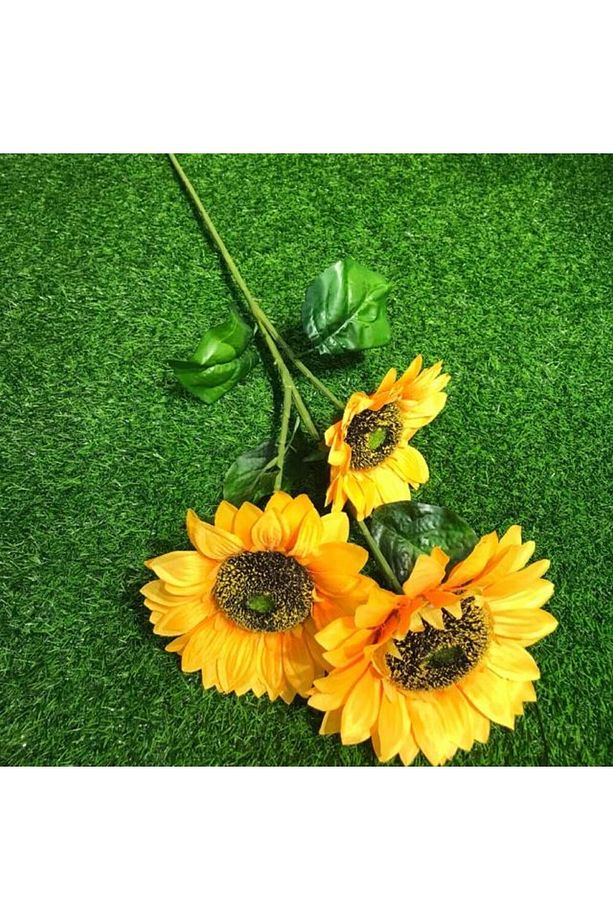 Yapay Çiçek Ayçiçeği Sarı Sunflower Dekoratif Çiçek 90cm Dev Ay Çiçeği 3 Kafalı - 2