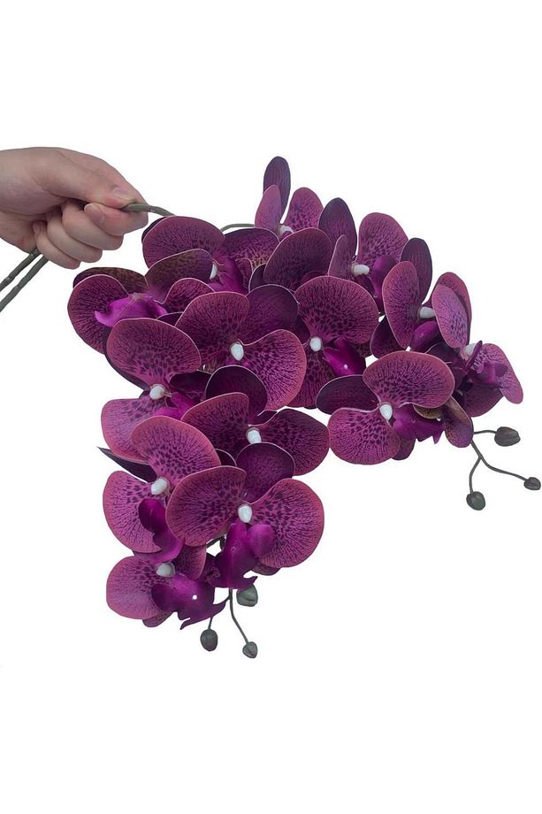 4lü Set Yapay Çiçek Koyu Mor Islak Orkide ve 2 Adet Orkide Yaprağı Gerçeksi Doku Uzun Dal 90cm - 3