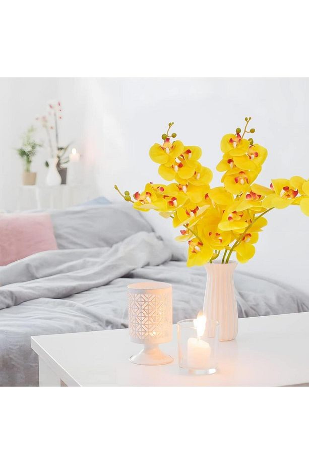 4lü Set Yapay Çiçek Sarı Islak Orkide ve 2 Adet Orkide Yaprağı Gerçeksi Doku Uzun Dal 90cm - 2