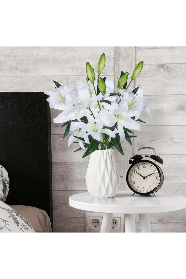 3lü Set Yapay Çiçek Beyaz Lilyum 3 Kafalı Uzun Dal Çiçek Zambak Lily Flowers 80cm - 8