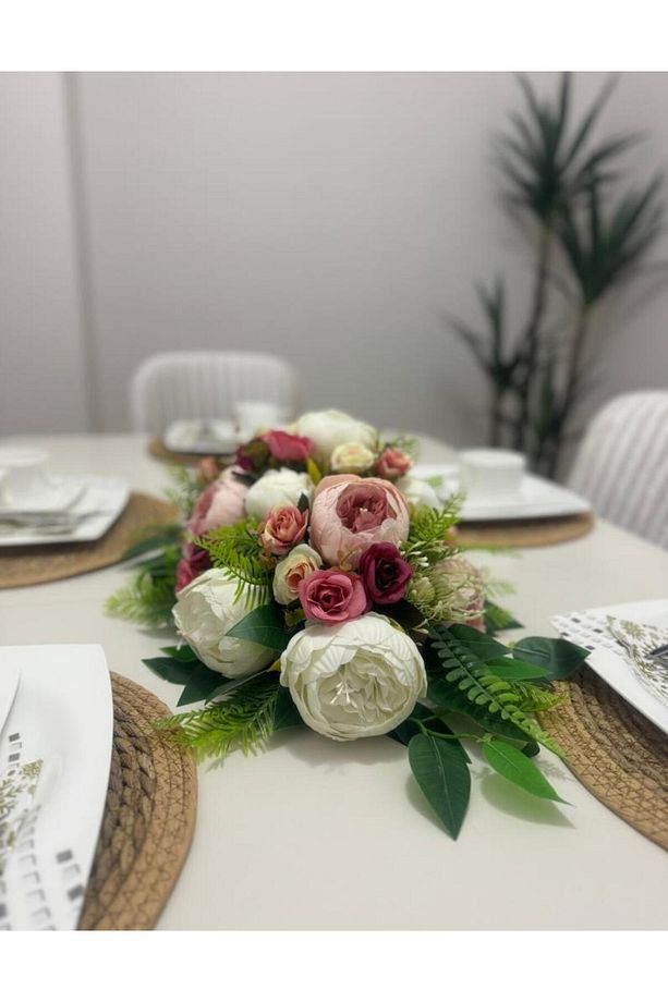 Yapay Çiçek Yemek Masası Çiçeği Pembe Şakayık ve Gül Yapay Masa Çiçeği - 4