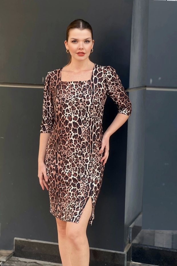 Leopard Slit Square Neck Dress