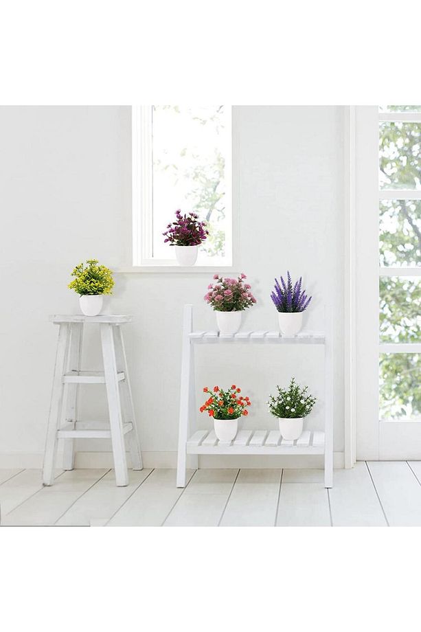 6lı Set Yapay Çiçek Beyaz Saksıda 6 Çeşit Renkli Çiçekler - 2