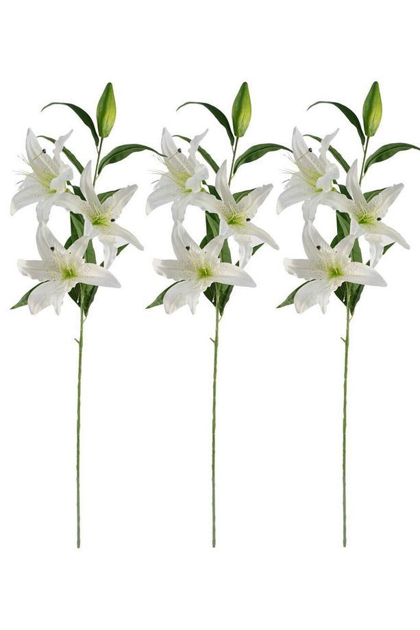 3lü Set Yapay Çiçek Beyaz Lilyum 3 Kafalı Uzun Dal Çiçek Zambak Lily Flowers 80cm - 1