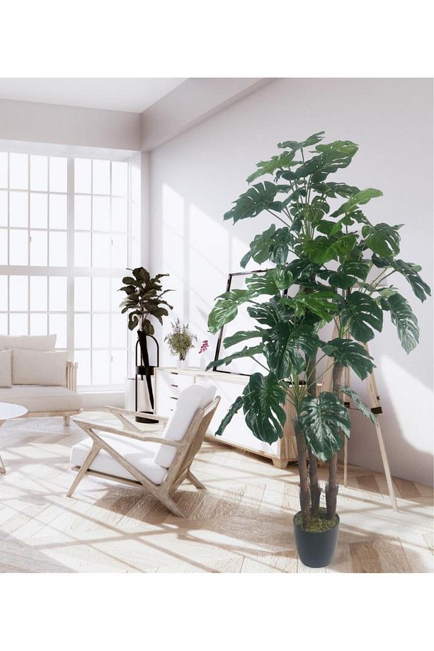 Yapay Çiçek Monstera Yeşil Deve Tabanı 3Katlı 135cm 54Yaprak Siyah Plastik Saksıda Yapay Bitki - 6