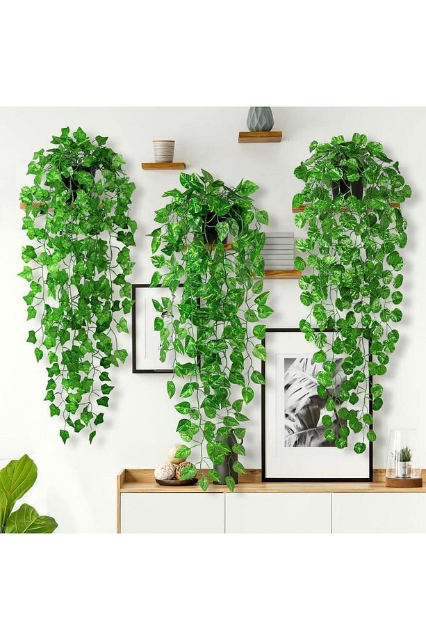 Yapay Çiçek 3 lü Set Saksıda Sarkan Sarmaşık Hedera Oval ve Yuvarlak Yapraklı Modeller - 6