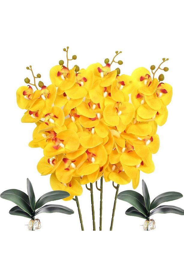 4lü Set Yapay Çiçek Sarı Islak Orkide ve 2 Adet Orkide Yaprağı Gerçeksi Doku Uzun Dal 90cm - 1