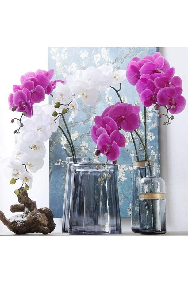 4lü Set Yapay Çiçek Fuşya Islak Orkide ve 2 Adet Orkide Yaprağı Gerçeksi Doku Uzun Dal 90cm - 6