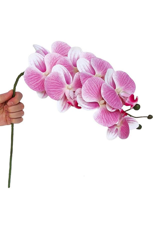 4lü Set Yapay Çiçek Pembe Açık Islak Orkide ve 2 Adet Orkide Yaprağı Gerçeksi Doku Uzun Dal 90cm - 5