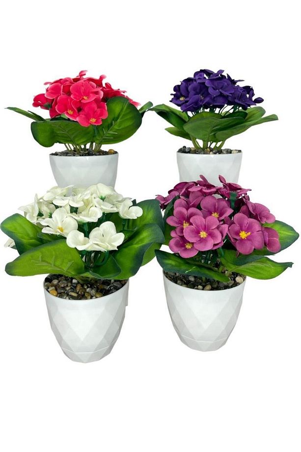 4lü Set Yapay Çiçek Kadife Menekşe Beyaz Saksıda Gerçekçi Doku Karışık Renkli - 1