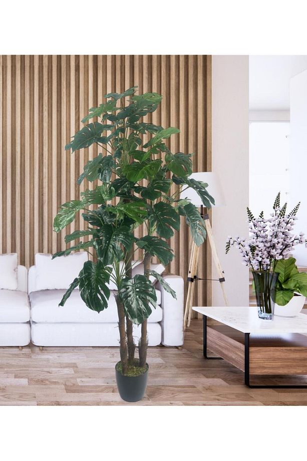 Yapay Çiçek Monstera Yeşil Deve Tabanı 3Katlı 135cm 54Yaprak Siyah Plastik Saksıda Yapay Bitki - 4