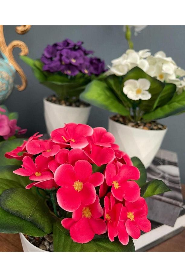 4lü Set Yapay Çiçek Kadife Menekşe Beyaz Saksıda Gerçekçi Doku Karışık Renkli - 8