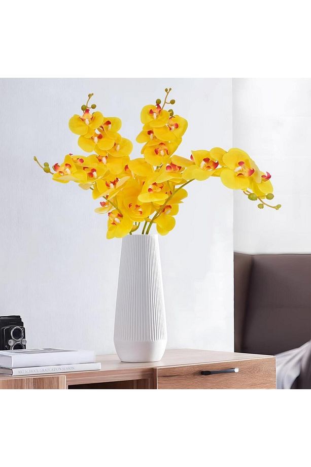 4lü Set Yapay Çiçek Sarı Islak Orkide ve 2 Adet Orkide Yaprağı Gerçeksi Doku Uzun Dal 90cm - 6