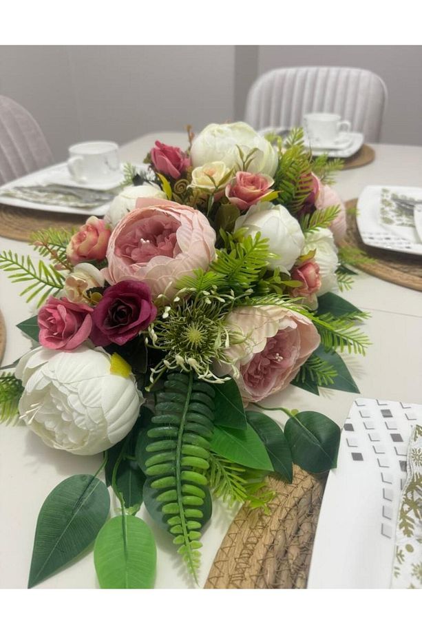 Yapay Çiçek Yemek Masası Çiçeği Pembe Şakayık ve Gül Yapay Masa Çiçeği - 8