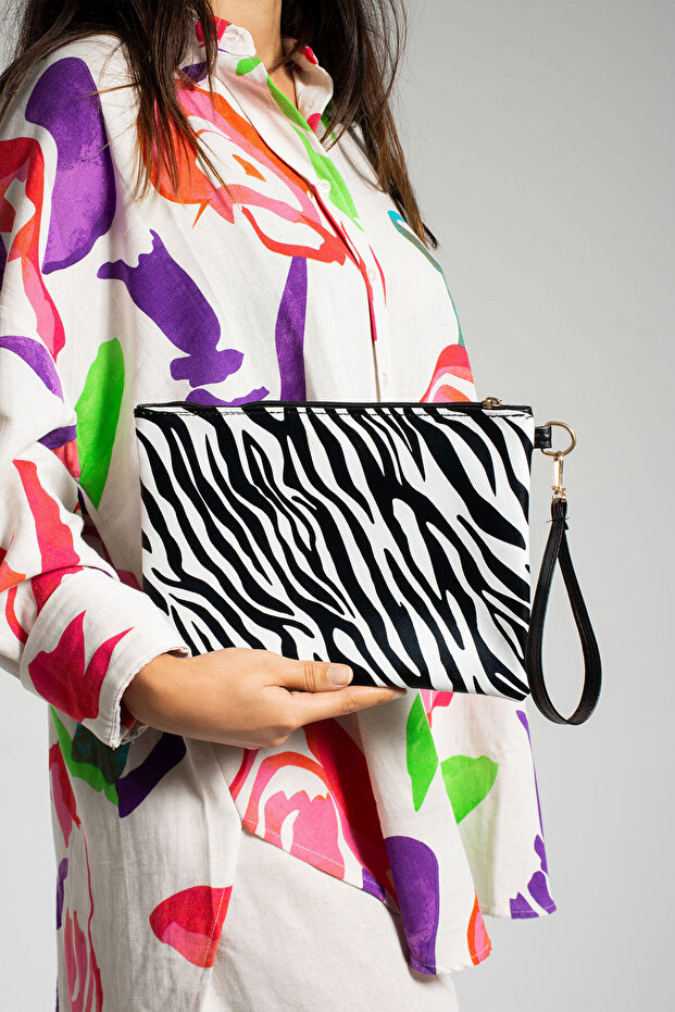 Zebra Patterned Clutch Bag with Hand Strap - 1