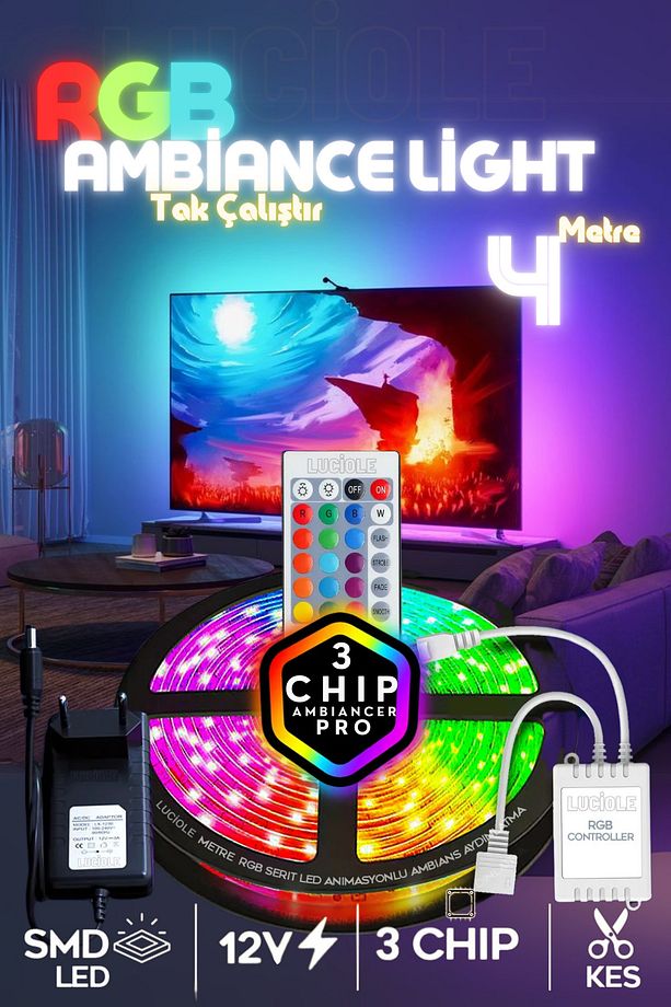 4 Metre Tv Arkası 16 Renkli Tak Çalıştır Yatak Odası Mutfak Bilgisayar Rgb Led Lambader Animasyon - 1