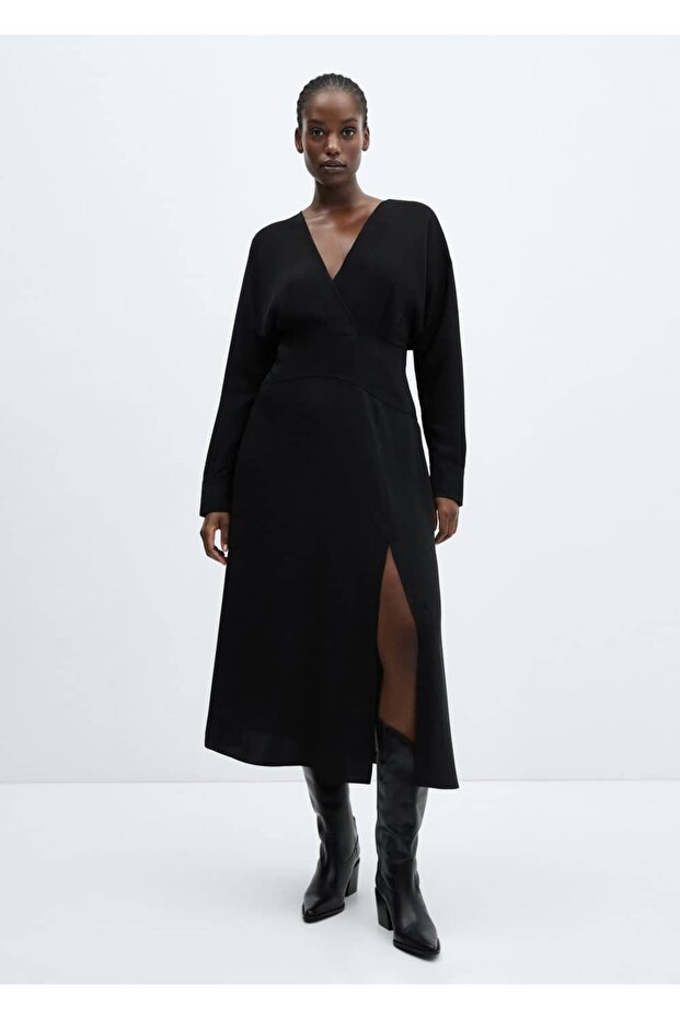 Yırtmaçlı çapraz dekolteli elbise - 8