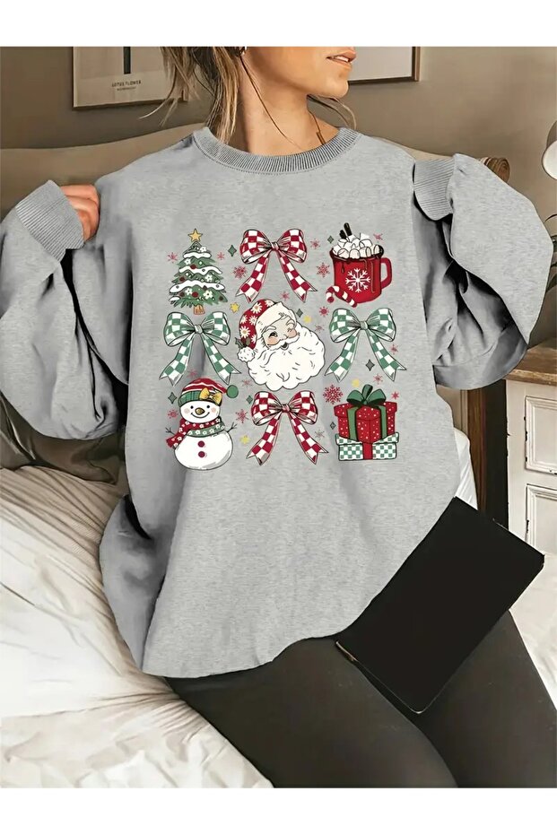 Women's Festive Christmas Graphic Printed Crew Neck Oversize Black Gray White Red Sweatshirt